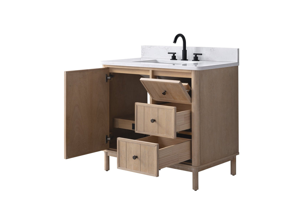36" Freestanding Bathroom Vanity with Milano Mist Engineered Stone Countertop, Integrated Ceramic Sink, Hidden Power & USB Charging Station and Hair Dryer Storage - HomeBeyond