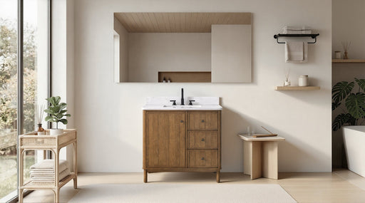 36" Freestanding Bathroom Vanity with Milano Mist Engineered Stone Countertop, Integrated Ceramic Sink, Hidden Power & USB Charging Station and Hair Dryer Storage - HomeBeyond
