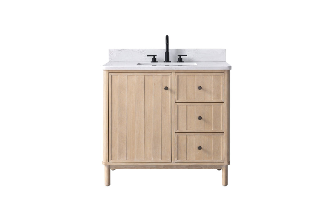 36" Freestanding Bathroom Vanity with Milano Mist Engineered Stone Countertop, Integrated Ceramic Sink, Hidden Power & USB Charging Station and Hair Dryer Storage - HomeBeyond
