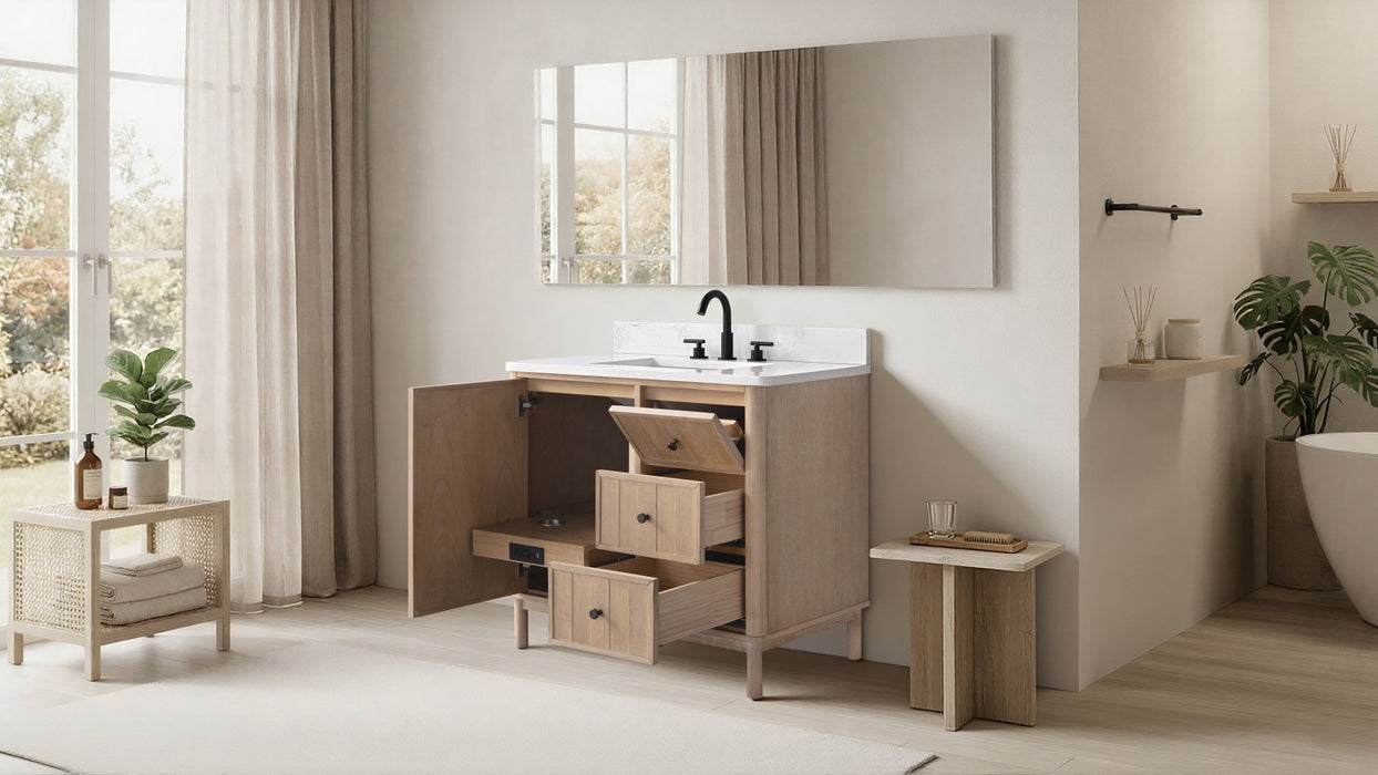 36" Freestanding Bathroom Vanity with Milano Mist Engineered Stone Countertop, Integrated Ceramic Sink, Hidden Power & USB Charging Station and Hair Dryer Storage - HomeBeyond
