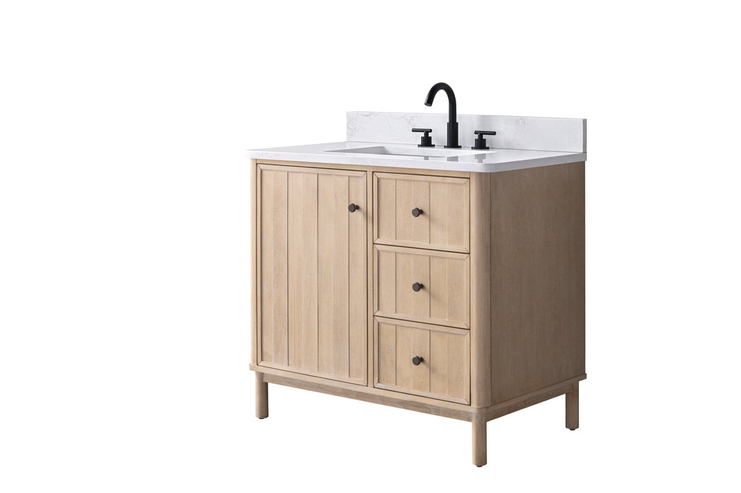 36" Freestanding Bathroom Vanity with Milano Mist Engineered Stone Countertop, Integrated Ceramic Sink, Hidden Power & USB Charging Station and Hair Dryer Storage - HomeBeyond