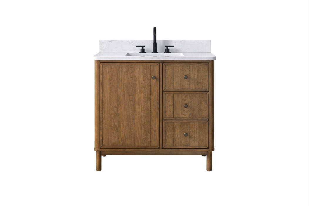 36" Freestanding Bathroom Vanity with Milano Mist Engineered Stone Countertop, Integrated Ceramic Sink, Hidden Power & USB Charging Station and Hair Dryer Storage - HomeBeyond