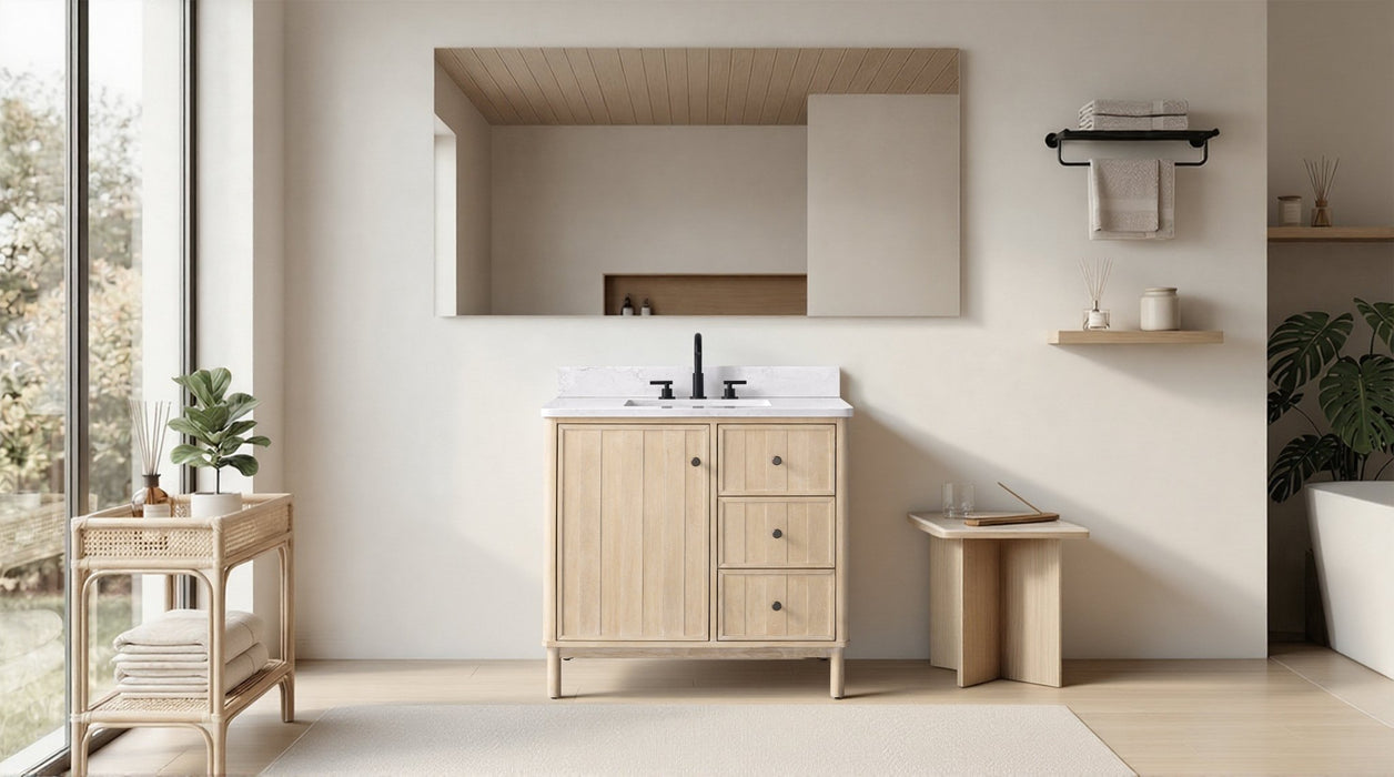 36" Freestanding Bathroom Vanity with Milano Mist Stone Top, Hidden Power Station, Hair Dryer Holder, USB Charging Shelf - HomeBeyond