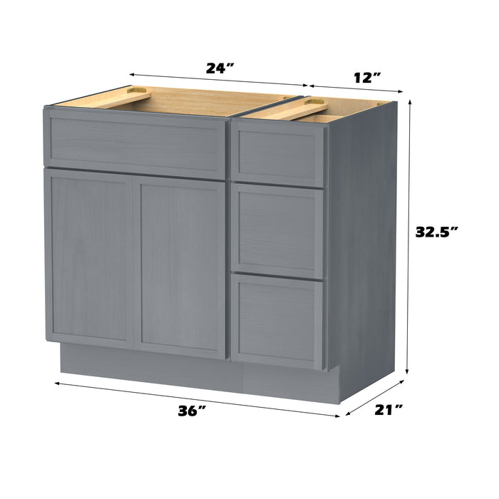 36" Modern Freestanding Birch & Plywood Bathroom Vanity Base Only – Shaker Style Storage Cabinet with 3 Drawers & 2 Soft-Closing Doors VA4124-123 - HomeBeyond