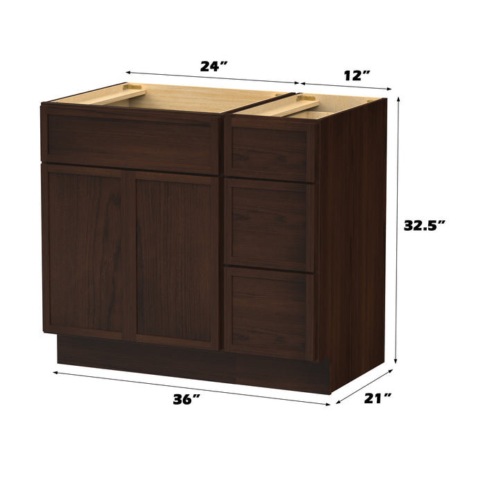 36" Modern Freestanding Birch & Plywood Bathroom Vanity Base Only – Shaker Style Storage Cabinet with 3 Drawers & 2 Soft-Closing Doors VA4124-123 - HomeBeyond