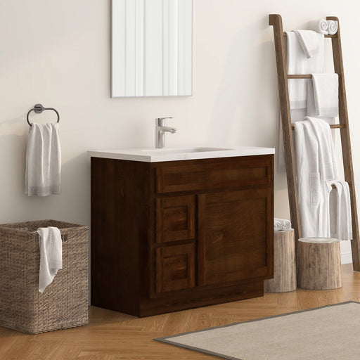 36" Modern Freestanding Oak Plywood Bathroom Vanity Base Only – Shaker Style Storage Cabinet with 2 Extension Drawers & Single Louvered Door VA40362L - HomeBeyond