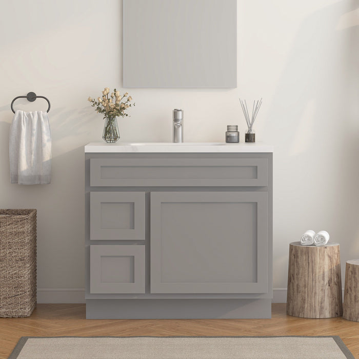 36" Modern Freestanding Oak Plywood Bathroom Vanity Base Only – Shaker Style Storage Cabinet with 2 Extension Drawers & Single Louvered Door VA40362L - HomeBeyond
