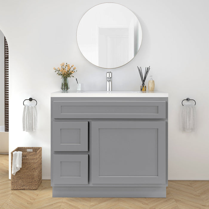 36" Modern Freestanding Oak Plywood Bathroom Vanity Base Only – Shaker Style Storage Cabinet with 2 Extension Drawers & Single Louvered Door VA40362L - HomeBeyond