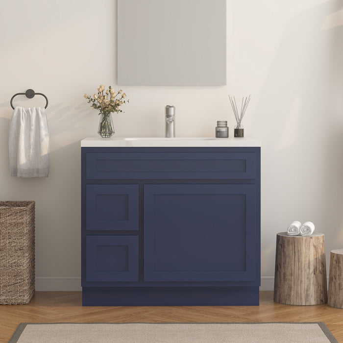 36" Modern Freestanding Oak Plywood Bathroom Vanity Base Only – Shaker Style Storage Cabinet with 2 Extension Drawers & Single Louvered Door VA40362L - HomeBeyond