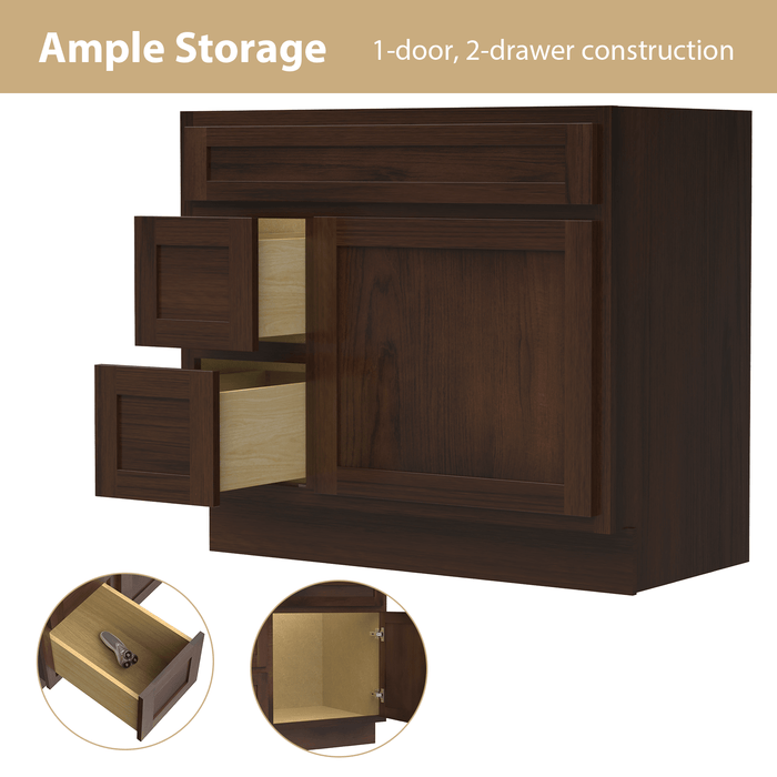 36" Modern Freestanding Oak Plywood Bathroom Vanity Base Only – Shaker Style Storage Cabinet with 2 Extension Drawers & Single Louvered Door VA40362L - HomeBeyond