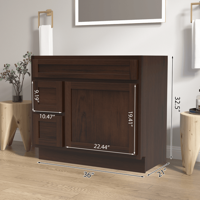 36" Modern Freestanding Oak Plywood Bathroom Vanity Base Only – Shaker Style Storage Cabinet with 2 Extension Drawers & Single Louvered Door VA40362L - HomeBeyond