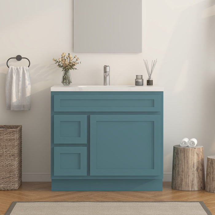 36" Modern Freestanding Oak Plywood Bathroom Vanity Base Only – Shaker Style Storage Cabinet with 2 Extension Drawers & Single Louvered Door VA40362L - HomeBeyond