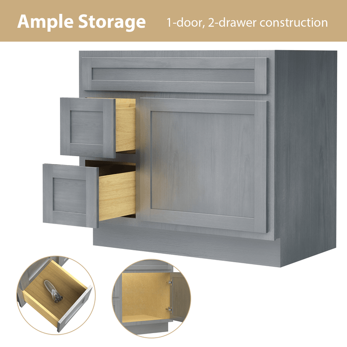 36" Modern Freestanding Oak Plywood Bathroom Vanity Base Only – Shaker Style Storage Cabinet with 2 Extension Drawers & Single Louvered Door VA40362L - HomeBeyond
