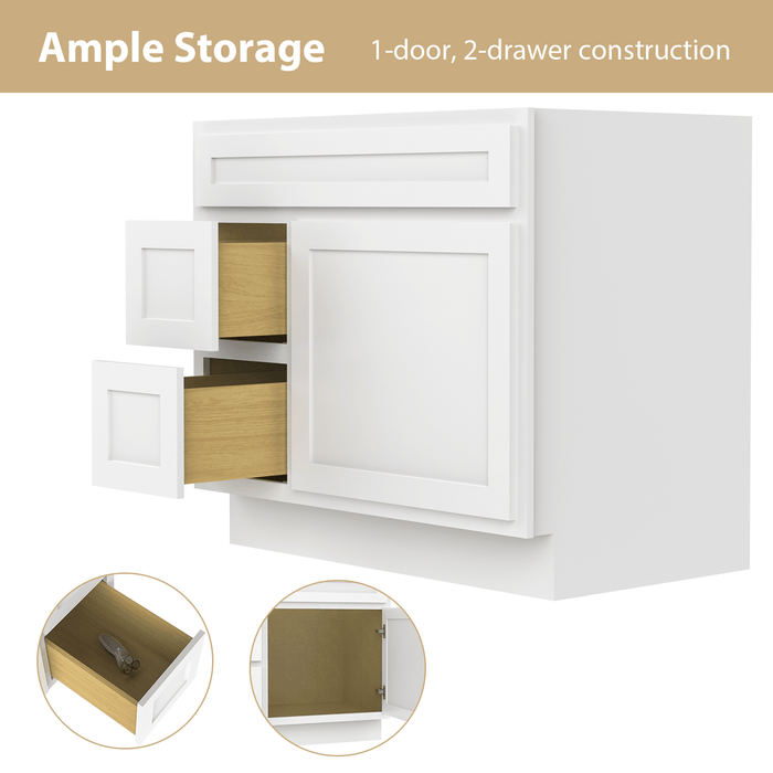 36" Modern Freestanding Oak Plywood Bathroom Vanity Base Only – Shaker Style Storage Cabinet with 2 Extension Drawers & Single Louvered Door VA40362L - HomeBeyond
