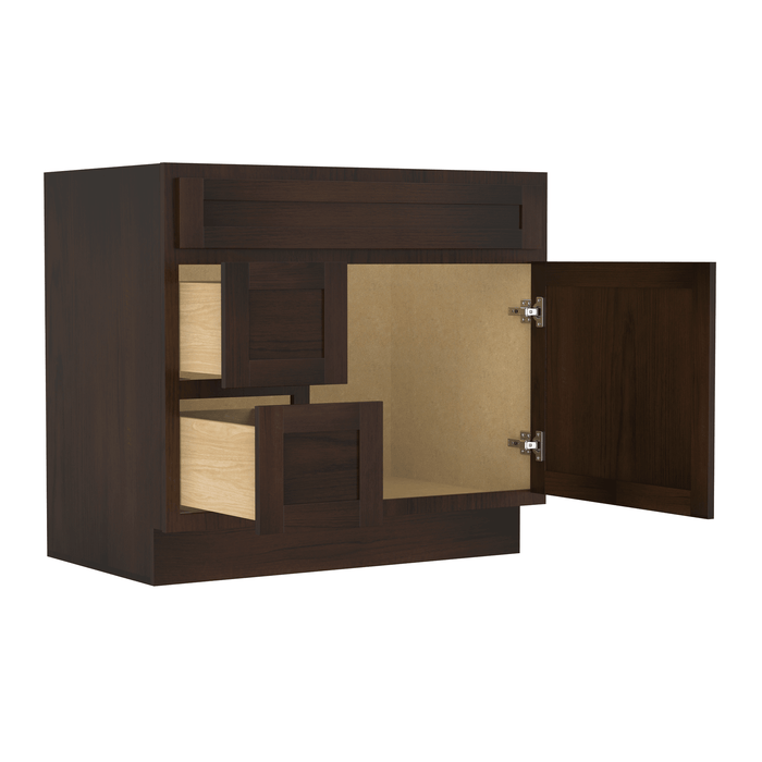 36" Modern Freestanding Oak Plywood Bathroom Vanity Base Only – Shaker Style Storage Cabinet with 2 Extension Drawers & Single Louvered Door VA40362L - HomeBeyond
