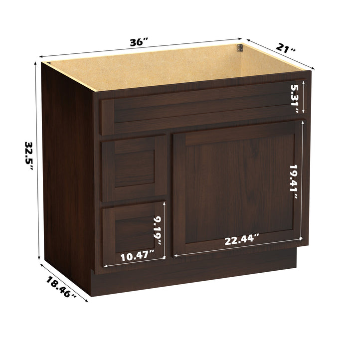36" Modern Freestanding Oak Plywood Bathroom Vanity Base Only – Shaker Style Storage Cabinet with 2 Extension Drawers & Single Louvered Door VA40362L - HomeBeyond
