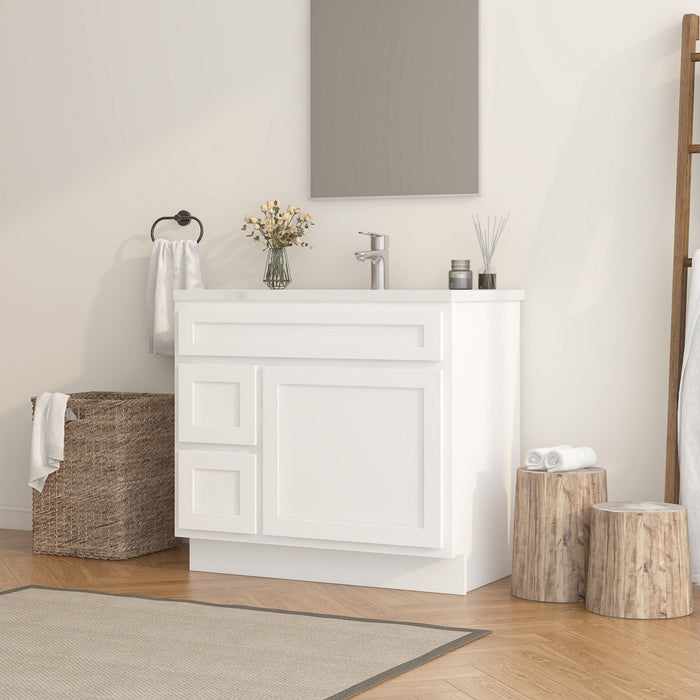 36" Modern Freestanding Oak Plywood Bathroom Vanity Base Only – Shaker Style Storage Cabinet with 2 Extension Drawers & Single Louvered Door VA40362L - HomeBeyond
