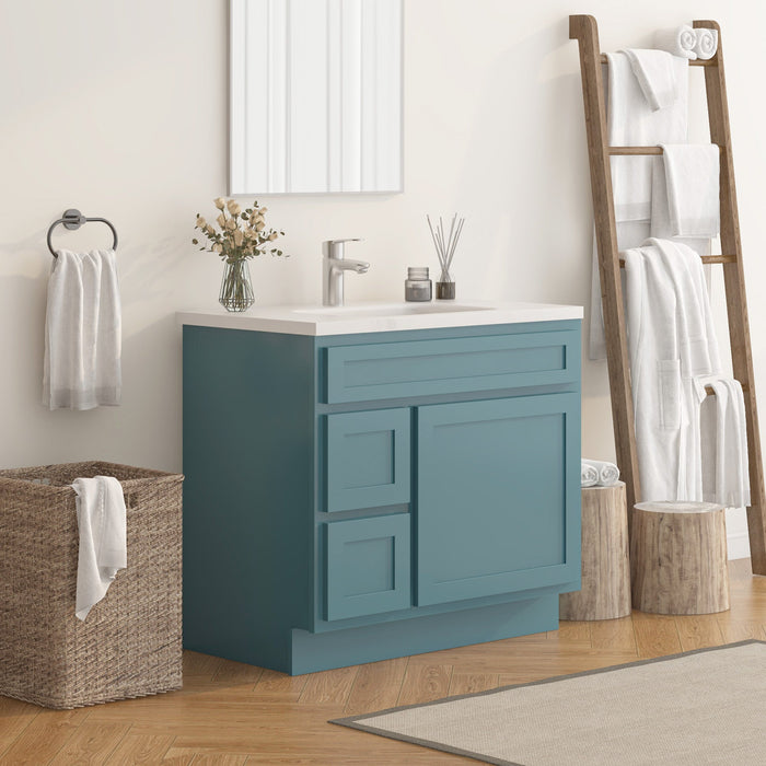 36" Modern Freestanding Oak Plywood Bathroom Vanity Base Only – Shaker Style Storage Cabinet with 2 Extension Drawers & Single Louvered Door VA40362L - HomeBeyond