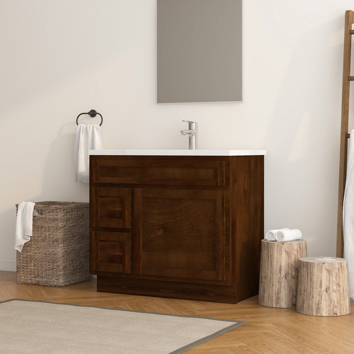 36" Modern Freestanding Oak Plywood Bathroom Vanity Base Only – Shaker Style Storage Cabinet with 2 Extension Drawers & Single Louvered Door VA40362L - HomeBeyond