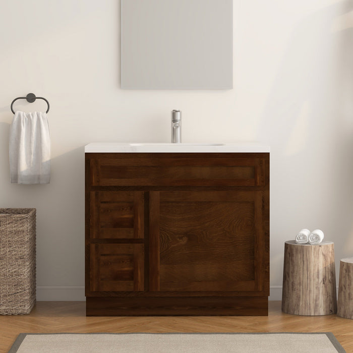 36" Modern Freestanding Oak Plywood Bathroom Vanity Base Only – Shaker Style Storage Cabinet with 2 Extension Drawers & Single Louvered Door VA40362L - HomeBeyond