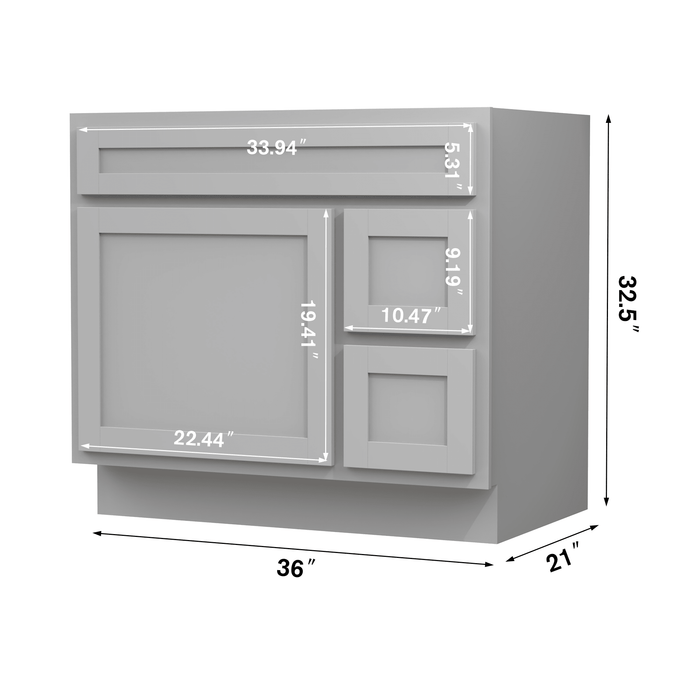 36" Modern Freestanding Oak Plywood Bathroom Vanity Base Only – Shaker Style Storage Cabinet with 2 Extension Drawers & Single Louvered Door VA40362R - HomeBeyond