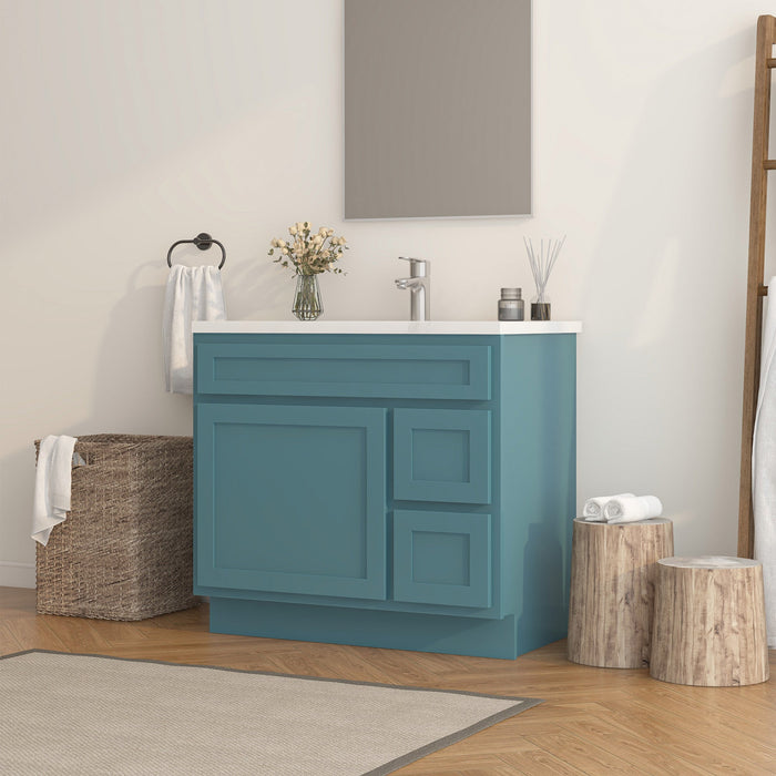 36" Modern Freestanding Oak Plywood Bathroom Vanity Base Only – Shaker Style Storage Cabinet with 2 Extension Drawers & Single Louvered Door VA40362R - HomeBeyond