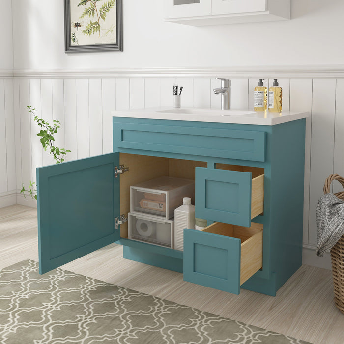 36" Modern Freestanding Oak Plywood Bathroom Vanity Base Only – Shaker Style Storage Cabinet with 2 Extension Drawers & Single Louvered Door VA40362R - HomeBeyond