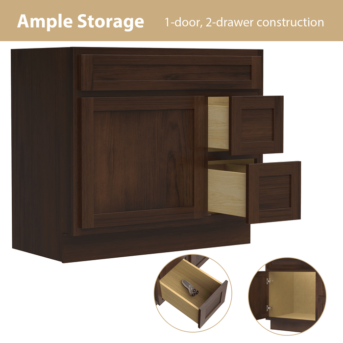 36" Modern Freestanding Oak Plywood Bathroom Vanity Base Only – Shaker Style Storage Cabinet with 2 Extension Drawers & Single Louvered Door VA40362R - HomeBeyond