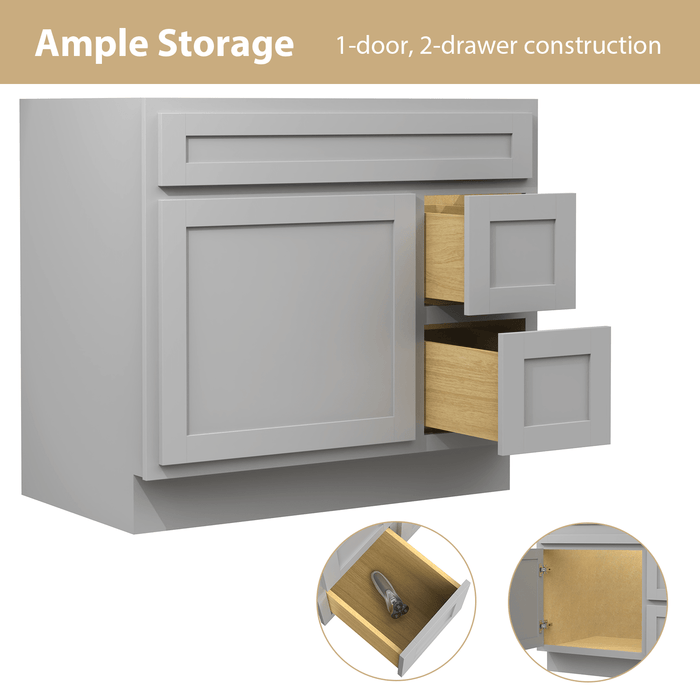 36" Modern Freestanding Oak Plywood Bathroom Vanity Base Only – Shaker Style Storage Cabinet with 2 Extension Drawers & Single Louvered Door VA40362R - HomeBeyond