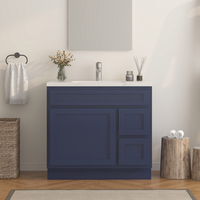36" Modern Freestanding Oak Plywood Bathroom Vanity Base Only – Shaker Style Storage Cabinet with 2 Extension Drawers & Single Louvered Door VA40362R - HomeBeyond