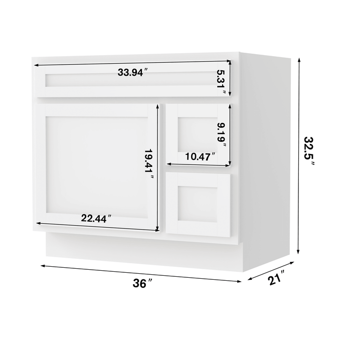 36" Modern Freestanding Oak Plywood Bathroom Vanity Base Only – Shaker Style Storage Cabinet with 2 Extension Drawers & Single Louvered Door VA40362R - HomeBeyond