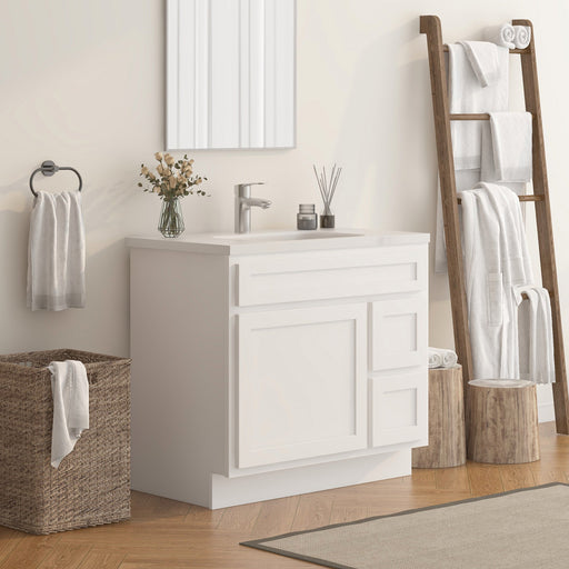 36" Modern Freestanding Oak Plywood Bathroom Vanity Base Only – Shaker Style Storage Cabinet with 2 Extension Drawers & Single Louvered Door VA40362R - HomeBeyond