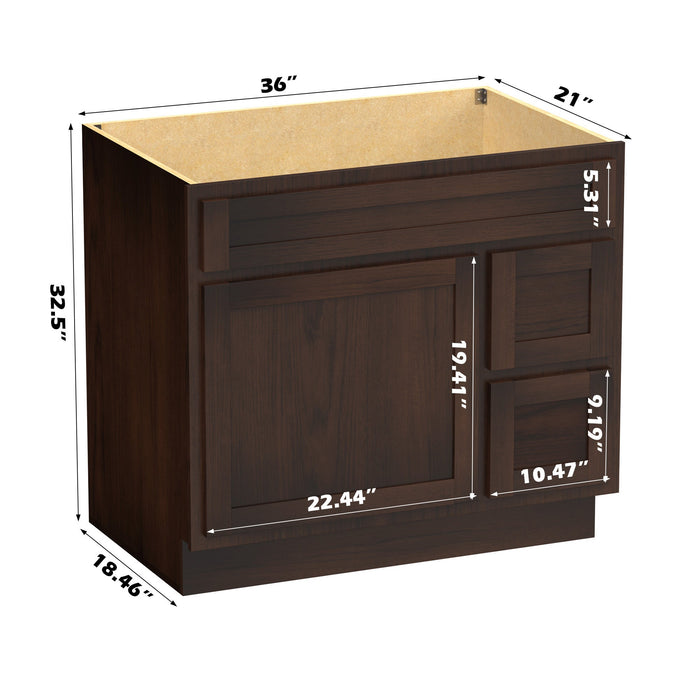 36" Modern Freestanding Oak Plywood Bathroom Vanity Base Only – Shaker Style Storage Cabinet with 2 Extension Drawers & Single Louvered Door VA40362R - HomeBeyond