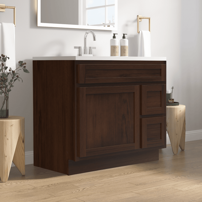 36" Modern Freestanding Oak Plywood Bathroom Vanity Base Only – Shaker Style Storage Cabinet with 2 Extension Drawers & Single Louvered Door VA40362R - HomeBeyond