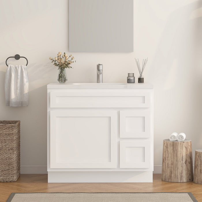 36" Modern Freestanding Oak Plywood Bathroom Vanity Base Only – Shaker Style Storage Cabinet with 2 Extension Drawers & Single Louvered Door VA40362R - HomeBeyond