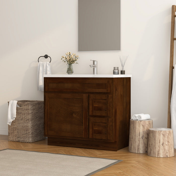 36" Modern Freestanding Oak Plywood Bathroom Vanity Base Only – Shaker Style Storage Cabinet with 2 Extension Drawers & Single Louvered Door VA40362R - HomeBeyond