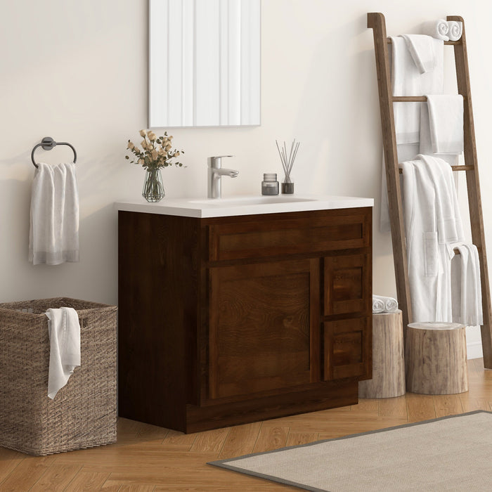 36" Modern Freestanding Oak Plywood Bathroom Vanity Base Only – Shaker Style Storage Cabinet with 2 Extension Drawers & Single Louvered Door VA40362R - HomeBeyond