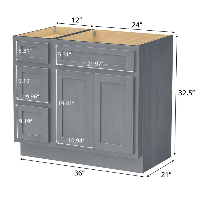 36" Modern Freestanding Oak Plywood Bathroom Vanity Base Only – Shaker Style Storage Cabinet with 3 Drawers & 2 Soft-Closing Doors VA4024-123 - HomeBeyond