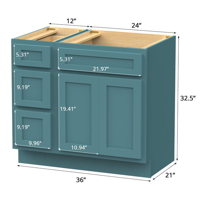 36" Modern Freestanding Oak Plywood Bathroom Vanity Base Only – Shaker Style Storage Cabinet with 3 Drawers & 2 Soft-Closing Doors VA4024-123 - HomeBeyond