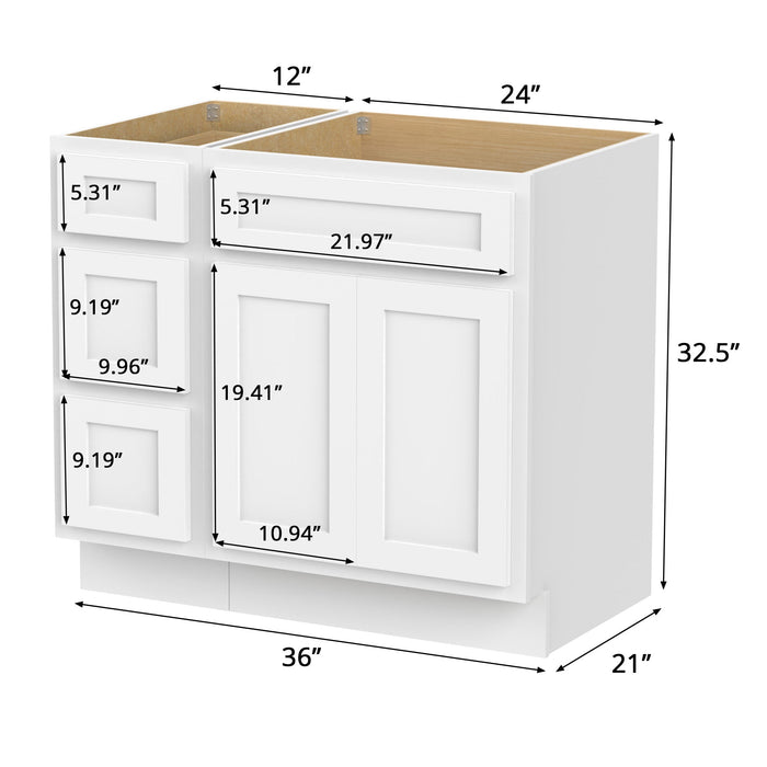 36" Modern Freestanding Oak Plywood Bathroom Vanity Base Only – Shaker Style Storage Cabinet with 3 Drawers & 2 Soft-Closing Doors VA4024-123 - HomeBeyond