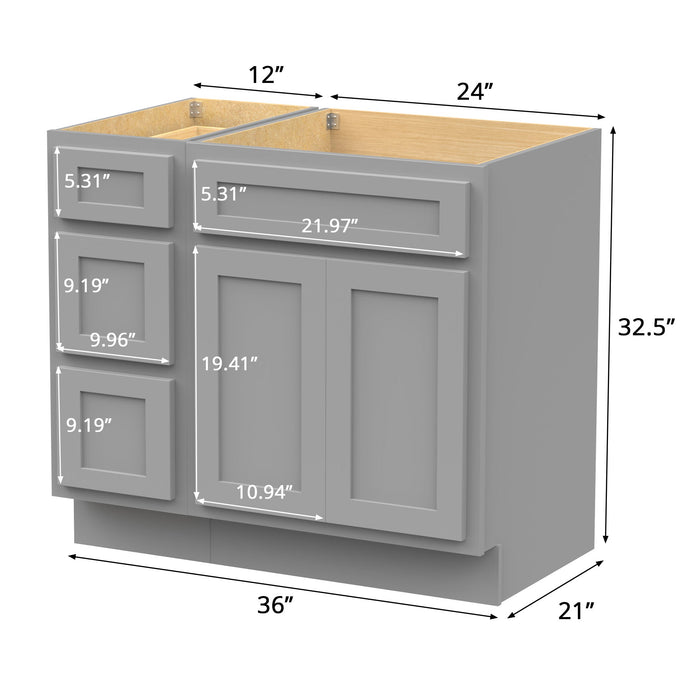 36" Modern Freestanding Oak Plywood Bathroom Vanity Base Only – Shaker Style Storage Cabinet with 3 Drawers & 2 Soft-Closing Doors VA4024-123 - HomeBeyond