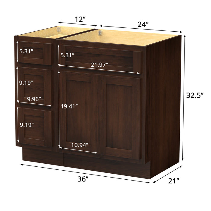 36" Modern Freestanding Oak Plywood Bathroom Vanity Base Only – Shaker Style Storage Cabinet with 3 Drawers & 2 Soft-Closing Doors VA4024-123 - HomeBeyond