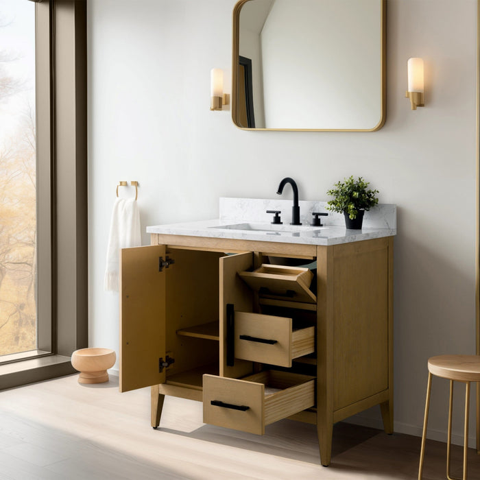 36” Single Sink Bathroom Vanity Cabinet with Engineered Marble Top - HomeBeyond