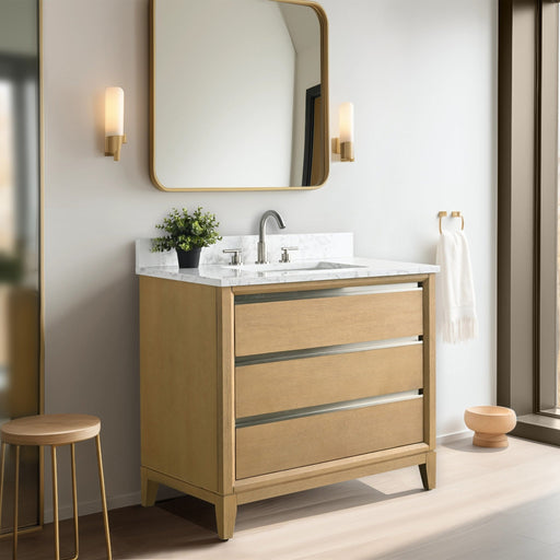 36 inch light oak bathroom vanity with marble top and single sink in contemporary bathroom