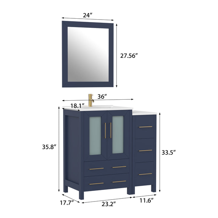 36" Single Sink Modern Bathroom Vanity Set with Ceramic Top & Free Mirror – Storage Cabinet with 1 Side Cabinet VA3024-36 - HomeBeyond