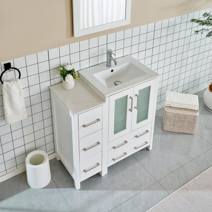 36" Single Sink Modern Bathroom Vanity Set with Ceramic Top & Free Mirror – Storage Cabinet with 1 Side Cabinet VA3024-36 - HomeBeyond