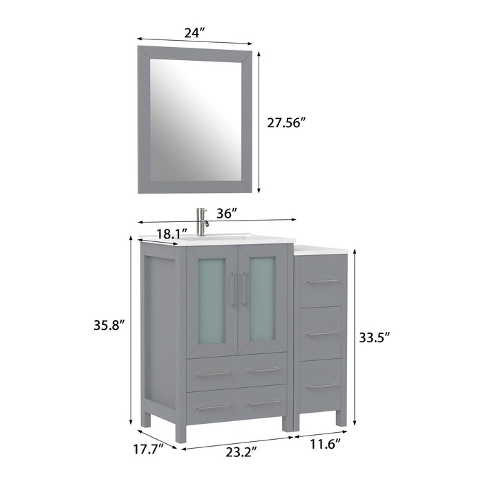 36" Single Sink Modern Bathroom Vanity Set with Ceramic Top & Free Mirror – Storage Cabinet with 1 Side Cabinet VA3024-36 - HomeBeyond