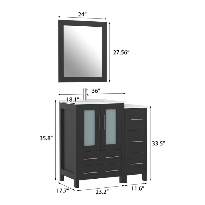 36" Single Sink Modern Bathroom Vanity Set with Ceramic Top & Free Mirror – Storage Cabinet with 1 Side Cabinet VA3024-36 - HomeBeyond