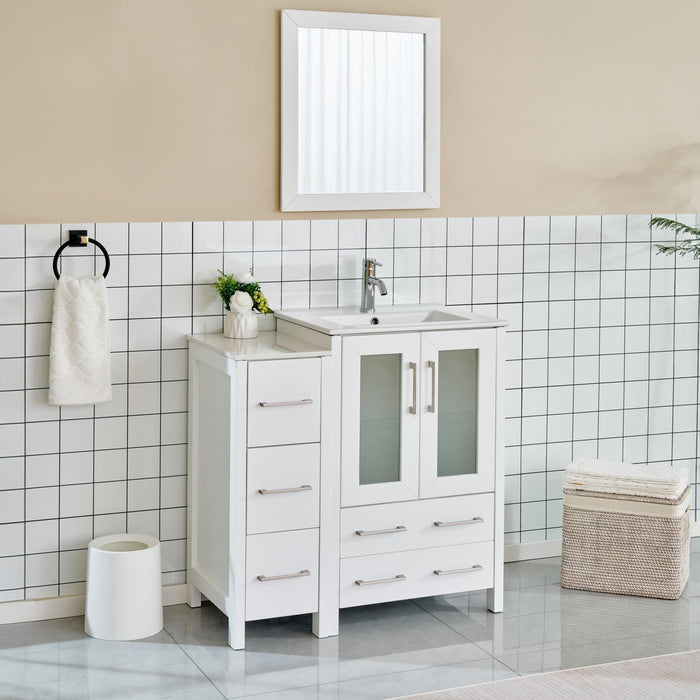 36" Single Sink Modern Bathroom Vanity Set with Ceramic Top & Free Mirror – Storage Cabinet with 1 Side Cabinet VA3024-36 - HomeBeyond