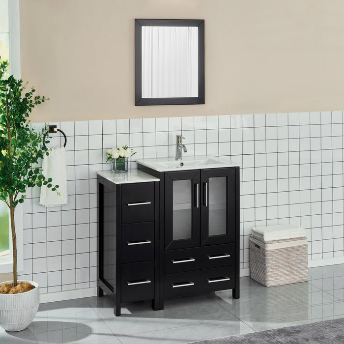 36" Single Sink Modern Bathroom Vanity Set with Ceramic Top & Free Mirror – Storage Cabinet with 1 Side Cabinet VA3024-36 - HomeBeyond